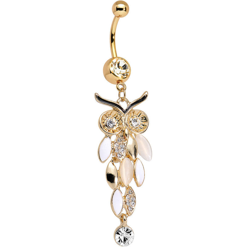Clear Gem White Faux Opal Gold Anodized Feather Owl Dangle Belly Ring