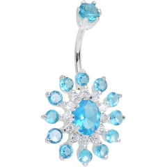 925 SilverClear Blue CZ Mandala Flower Bottom Mount Belly Ring