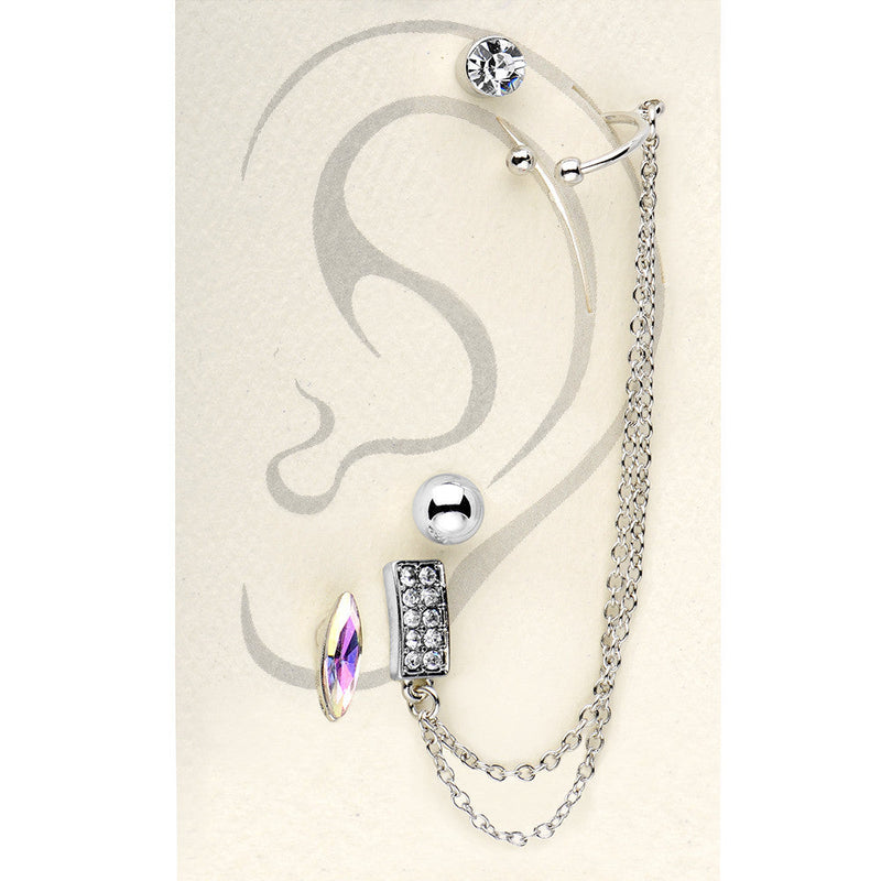Silver Tone Aurora Marquis Clear Chain Ear Cuff Stud Earring Set