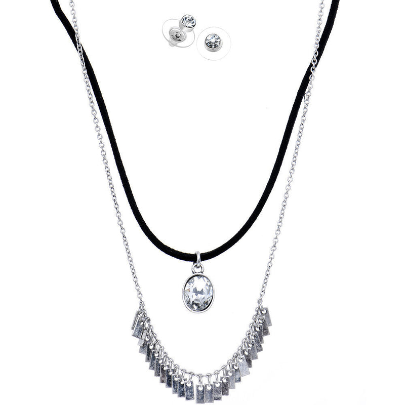 Burnished Silver Clear Necklace and Stud Earring Set
