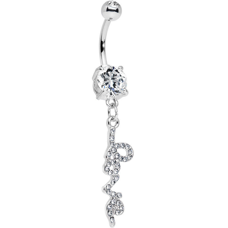Clear Gem Studded Love Cursive Text Dangle Belly Ring