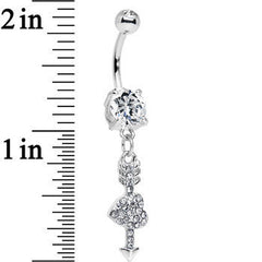 Clear Gem Studded Cupid Arrow Pierced Heart Dangle Belly Ring