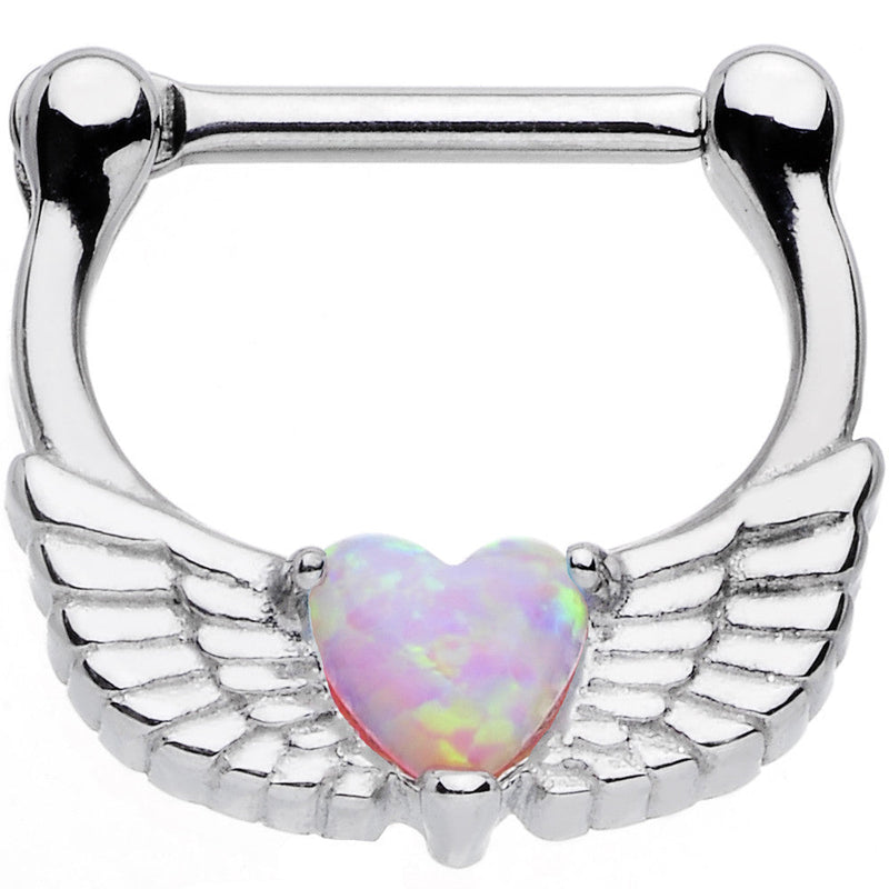 16G Steel Pinkish Synthetic Opal Heart Angel Wing Septum Clicker