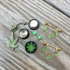 9/16 Black Plated Ganja Green Pot Leaf Saddle Stash Plug Set