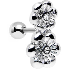 16G 1/4 Clear Gem Steel Double Flower Tragus Cartilage Earring