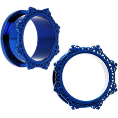 7/8 Blue PVD Filigree Frame Screw Fit Tunnel Plug Set