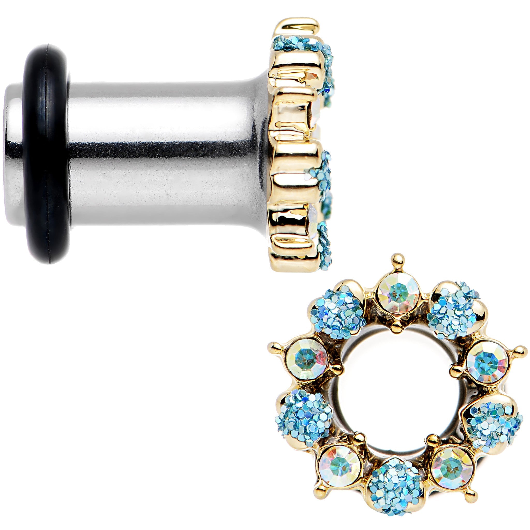 2G Aurora and Aqua Gem Heart Wreath Single Flare Tunnel Plug Set