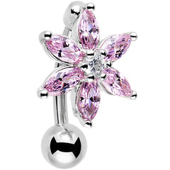 Pink Gem Lily Flower Top Mount Dangle Belly Ring
