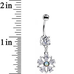 Clear CZ Gem Synthetic Opal Snowflower Dangle Belly Ring