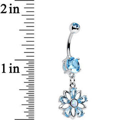 Aqua CZ Gem Synthetic Opal Snowflower Dangle Belly Ring