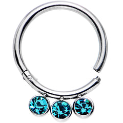 16G 3/8 Aqua Gem Stainless Steel Trio Hinged Segment Ring