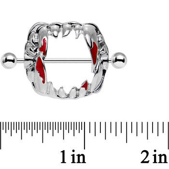14G 1 1/8 Steel Dripping Red Vampire Fangs Barbell Nipple Shield Set