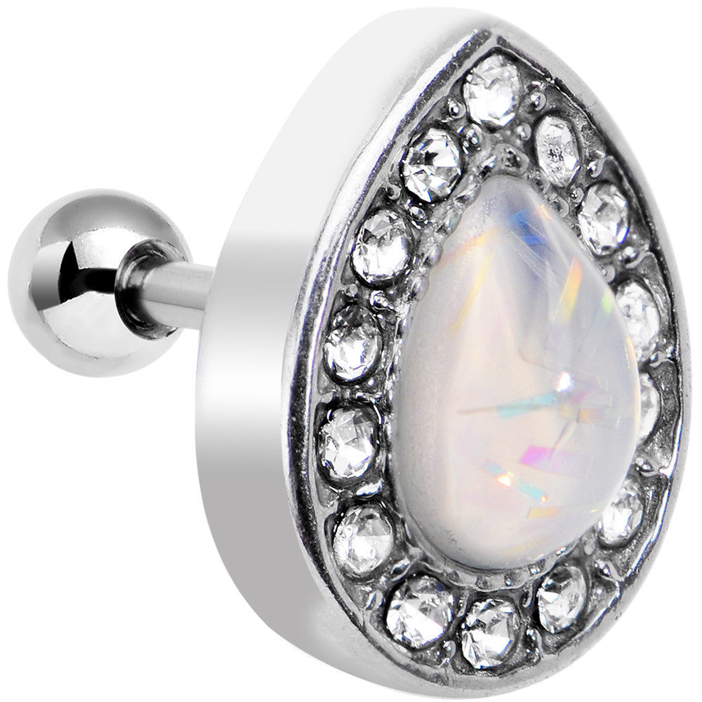 16G 1/4 White Faux Opal Clear CZ Teardrop Cartilage Earring
