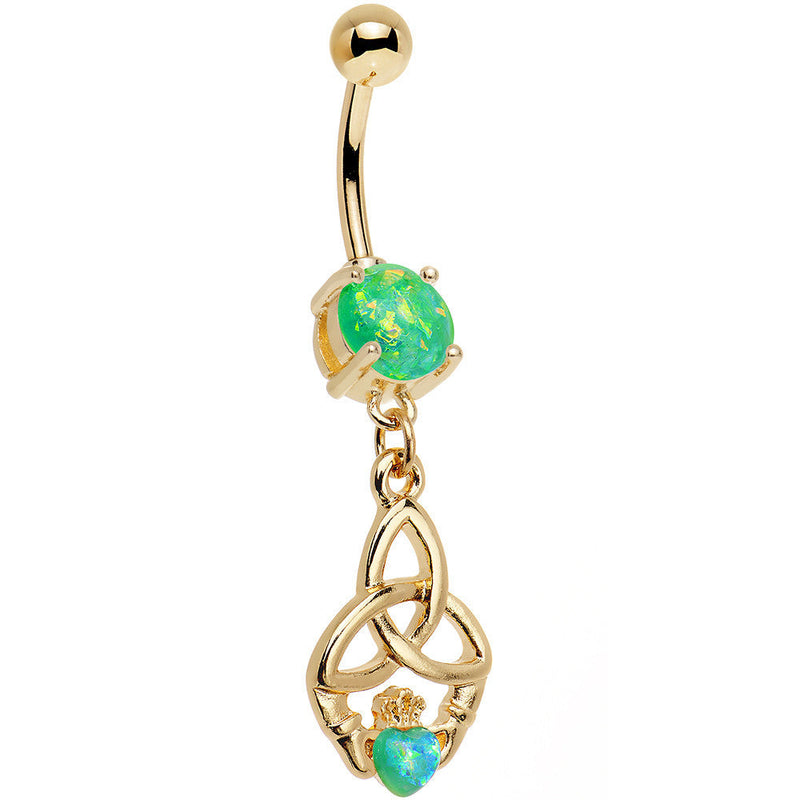 Green Faux Opal Gold Anodized Trinity Claddagh Dangle Belly Ring