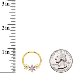 14G 5/8 Purple CZ Gold Anodized Daisy Flower BCR Nipple Ring Set