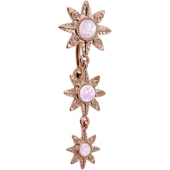 White Faux Opal Rose Gold Plated Flower Top Mount Dangle Belly Ring
