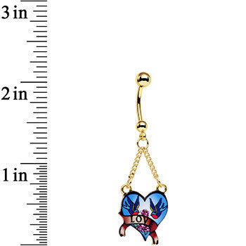 Gold Anodized Steel Blue Tattoo Flash Love Heart Dangle Belly Ring