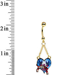Gold Anodized Steel Blue Tattoo Flash Love Heart Dangle Belly Ring