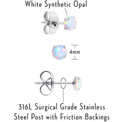 White Synthetic Opal Stainless Steel Post Stud Earring Pack Set of 3