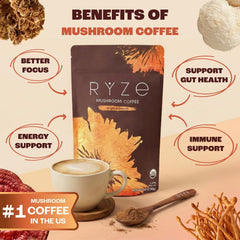 RYZE SUPERFOODS Mushroom Medium Roast Coffee USDA Organic with 6 Adaptogenic Mushrooms for Better Energy, Focus Digestion Immunity with Lions Mane & Turkey Tail 30 Pack of 1