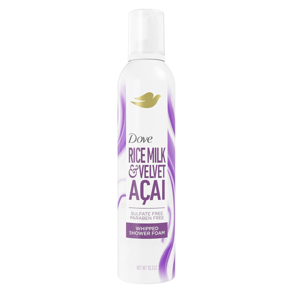 Dove Whipped Shower Foam for Women Rice Milk & Velvet Açaí for Hydrated & Soft Skin 10.3 FO
