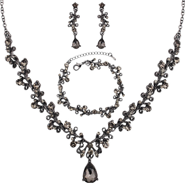 3Pcs Austrian Crystal Jewelry Set for Women Necklace Dangle Earrings Link Bracelet Jewelry Set with Gold/Platinum/Gun Plated Wedding Party Jewelry for Bridal Bridesmaid (Black Diamond-Jet)