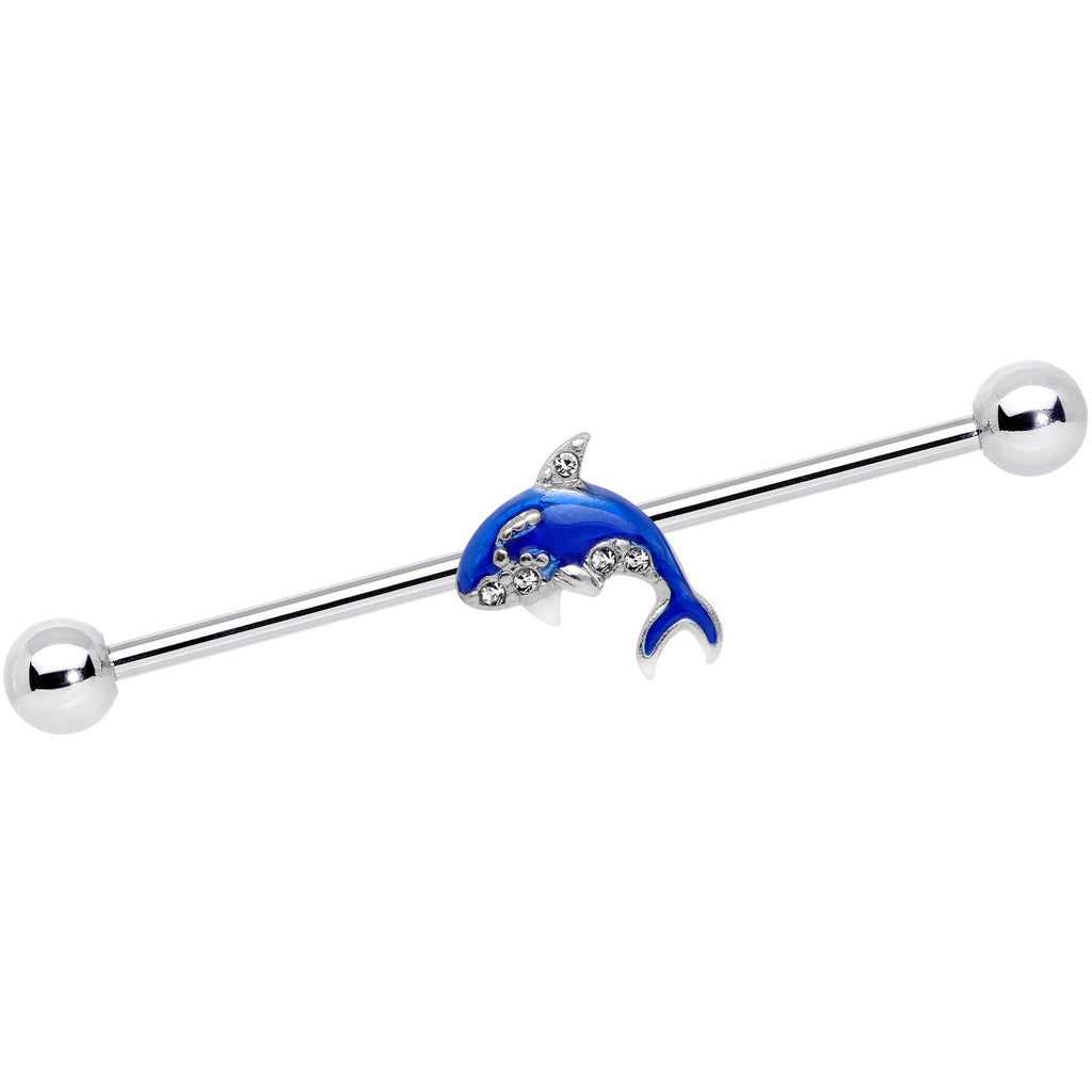 14G Clear Gem Sea Bling Blue Orca Whale Industrial Barbell 38mm