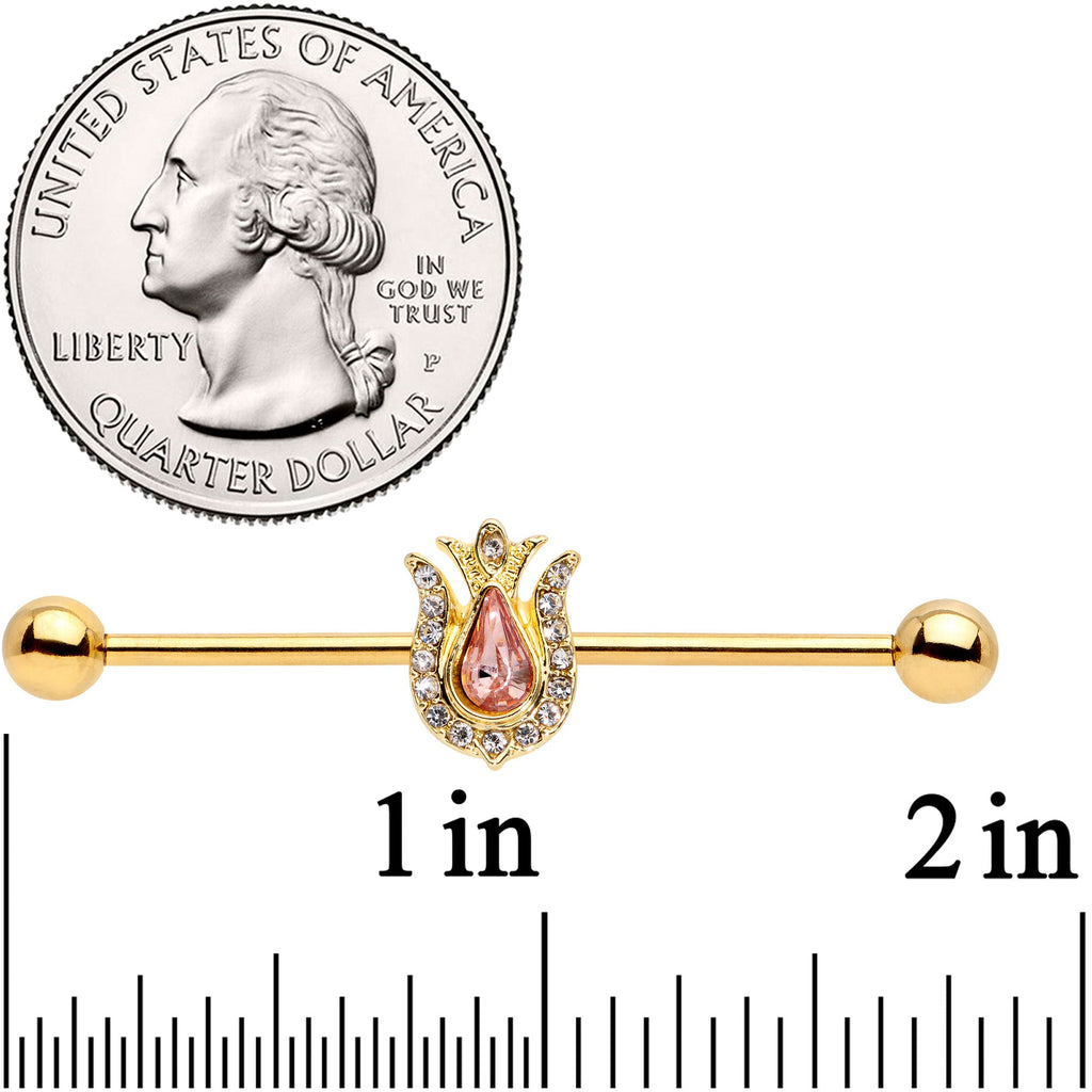 14G Pink Clear Gem Gold Tone Tulip Flower Industrial Barbell 38mm