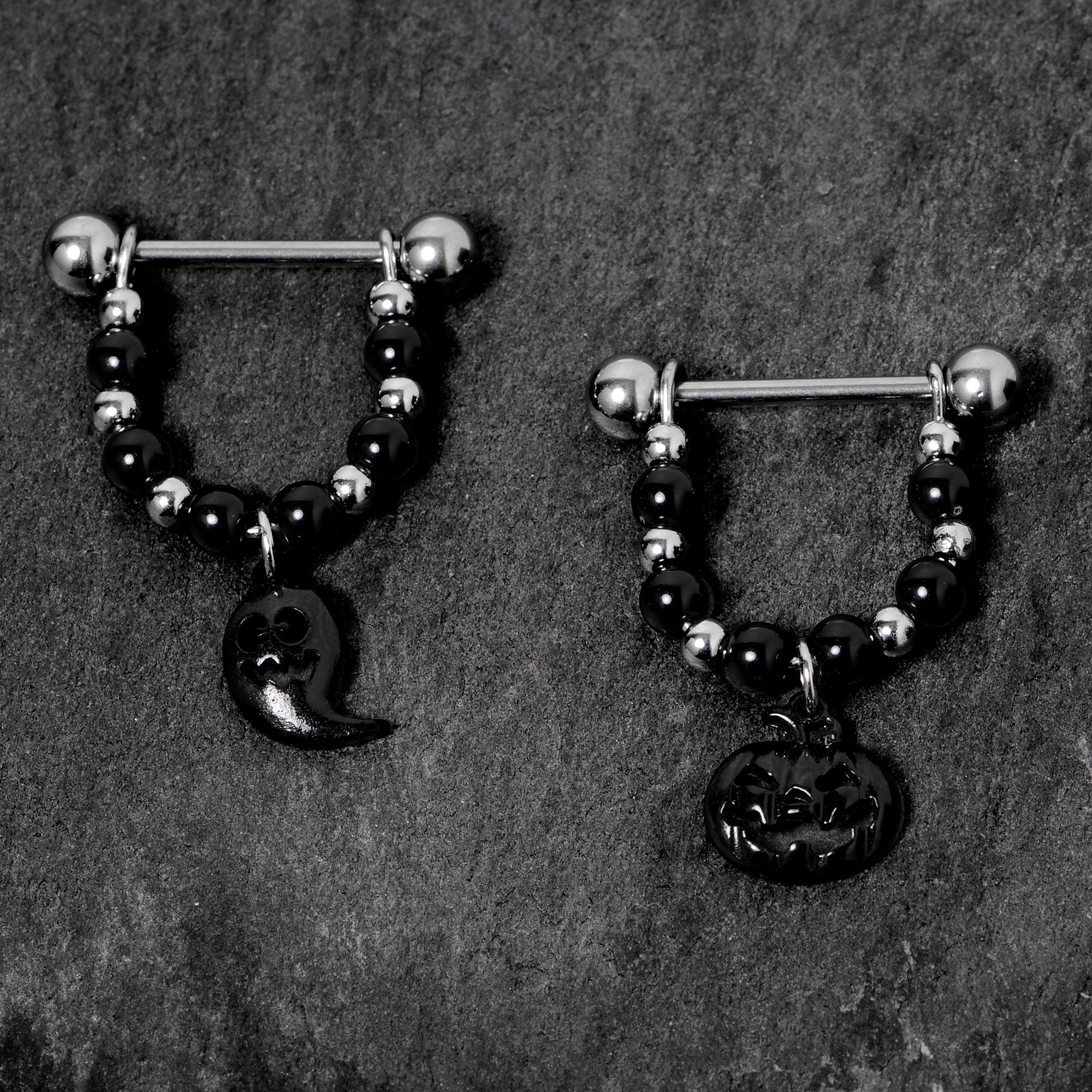 14G 5/8 Black Pumpkin Ghost Halloween Dangle Nipple Ring Set