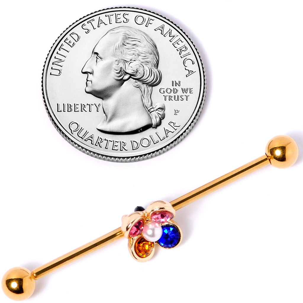 14G Pink Blue Yellow Gem Gold Tone Flower Industrial Barbell 38mm