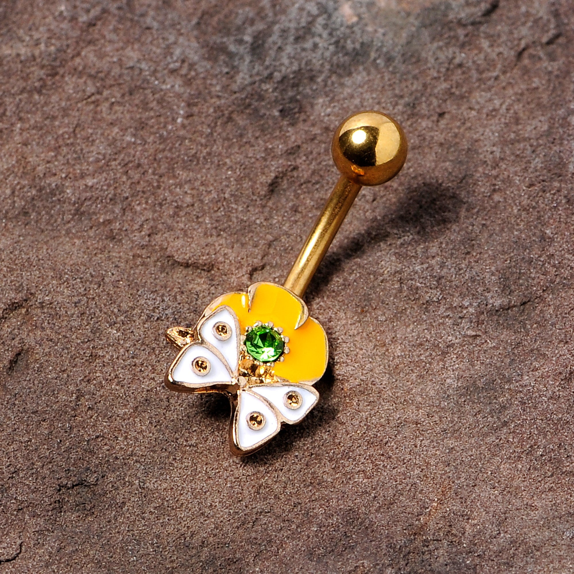 Green Gem Gold Tone Butterfly Flower Belly Ring