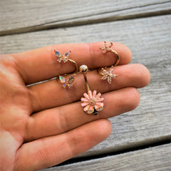 14G 3/8 Aurora Gem Rose Gold Tone Butterfly Spiral Twister Ring