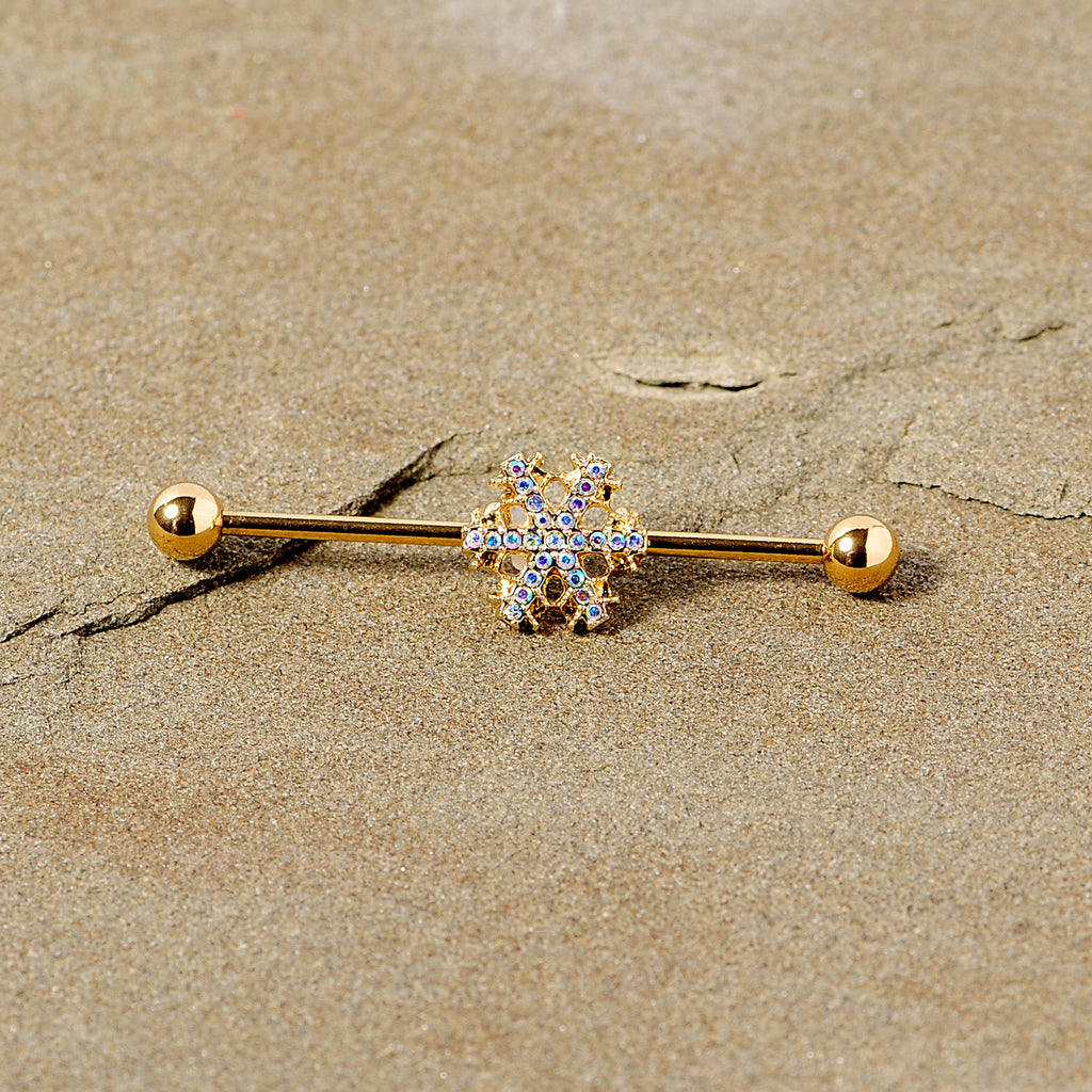 14G Aurora Gem Gold Tone Snowflake Industrial Barbell 38mm