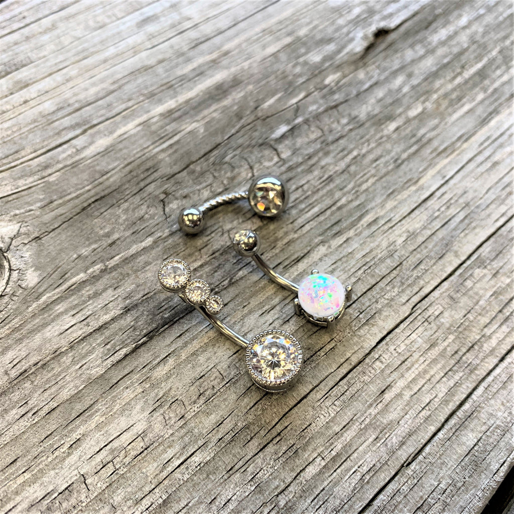 Clear Gem White Faux Opal Twisted Belly Ring Set of 3