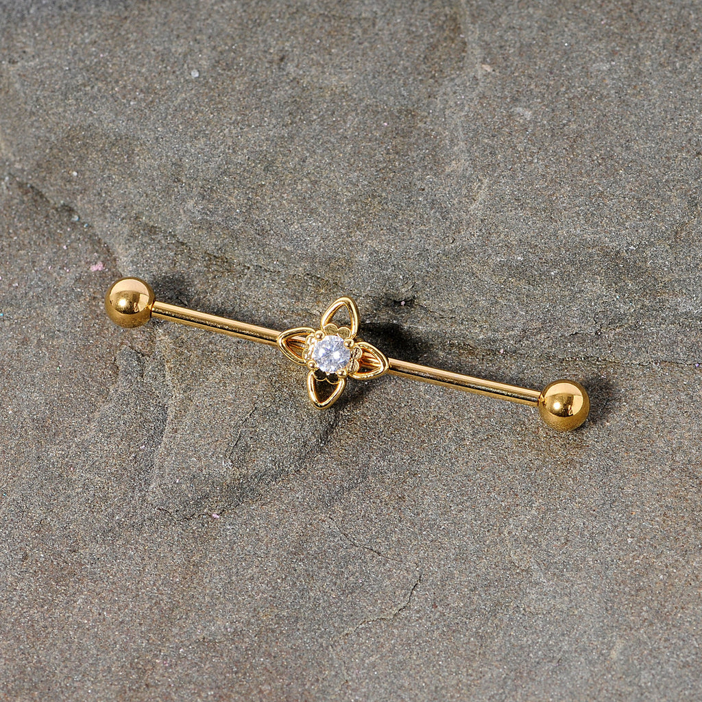 14G Clear CZ Gem Gold Tone Open Flower Industrial Barbell 38mm