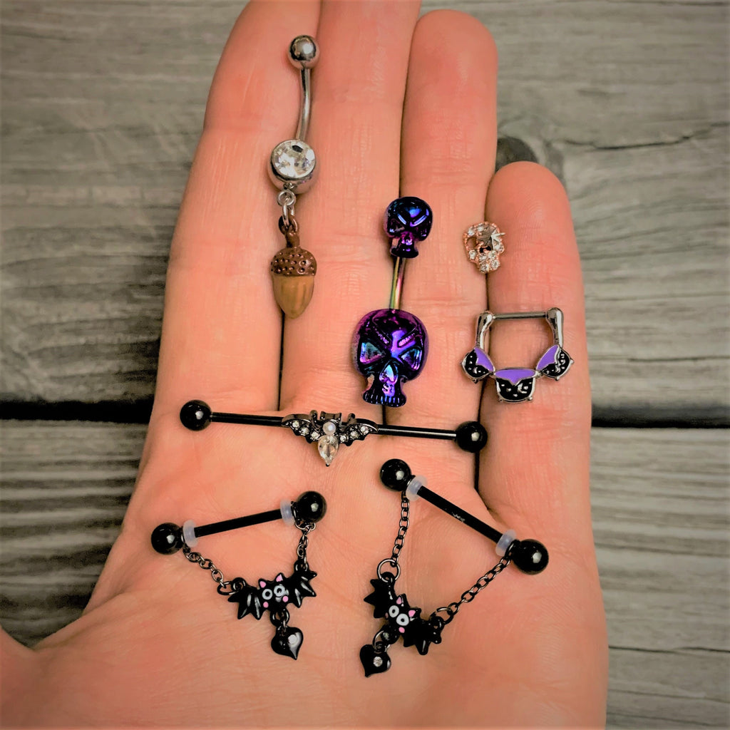 14G Clear Gem Black Bat Halloween Industrial Barbell 38mm