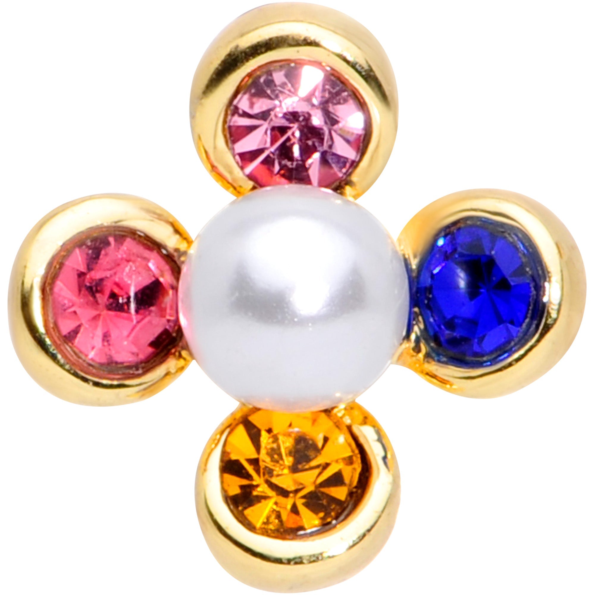 16G 1/4 Pink Blue Gem Gold Tone Flower Cartilage Tragus Earring