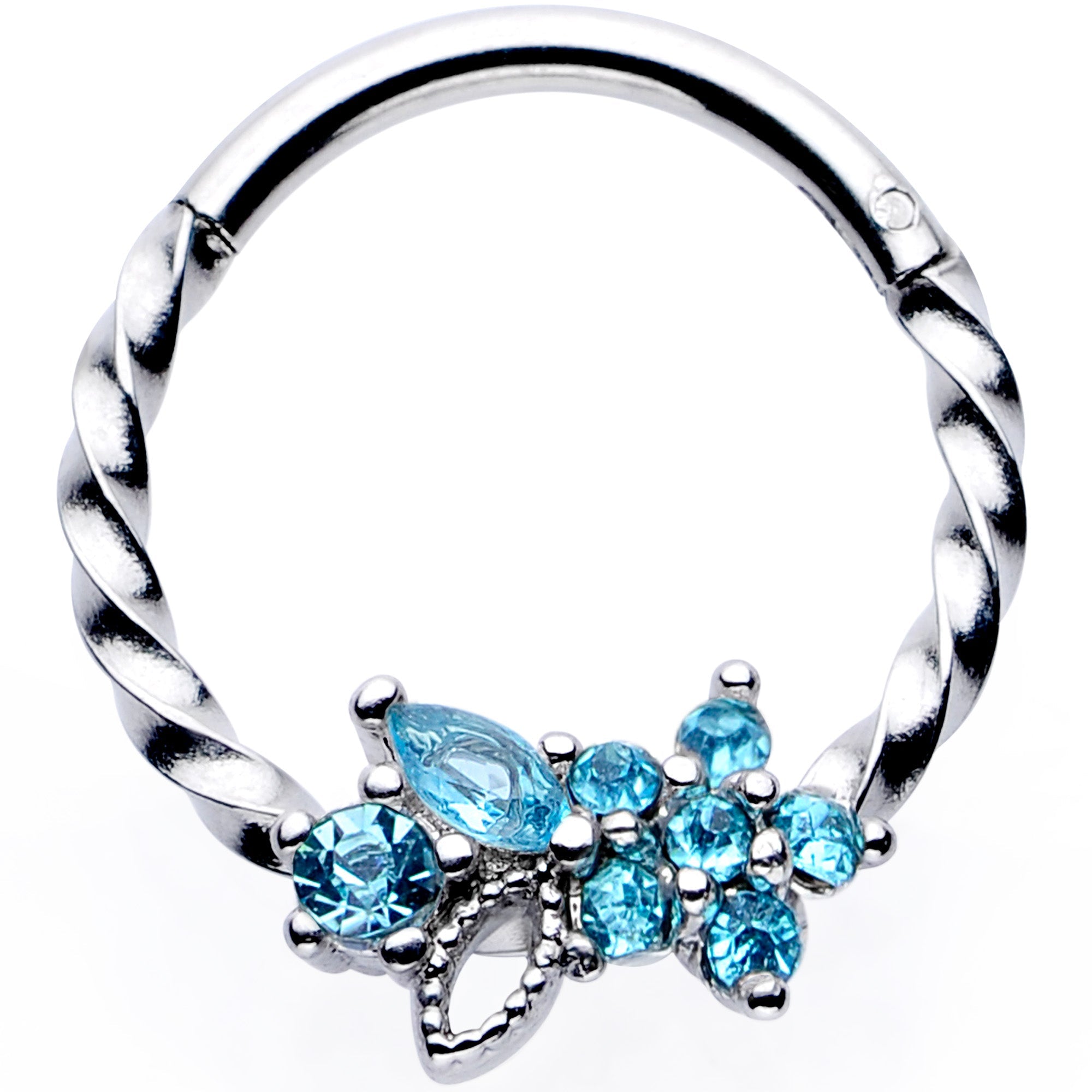 16G 3/8 Aqua Gem Star Twisted Hinged Segment Ring