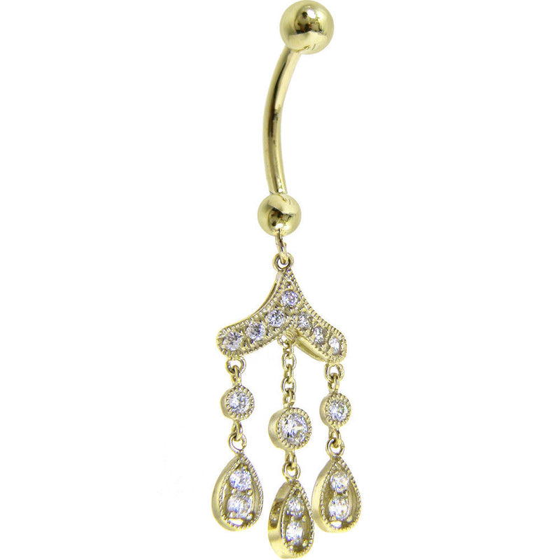 16G Solid 14K Yellow Gold CZ Gem CHANDELIER Dangle Belly Ring