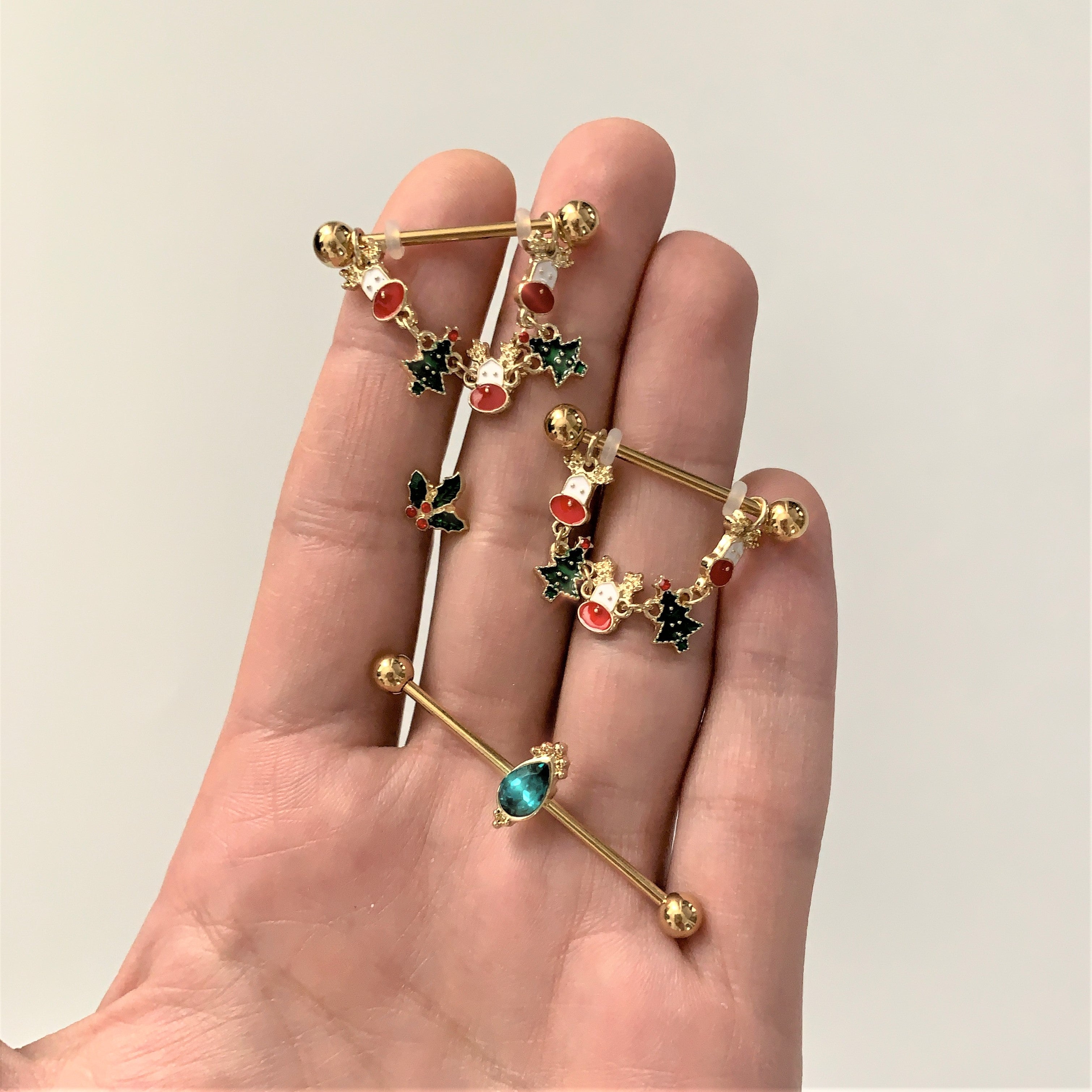 14G Green Gem Gold Tone Regal Drop Industrial Barbell 38mm