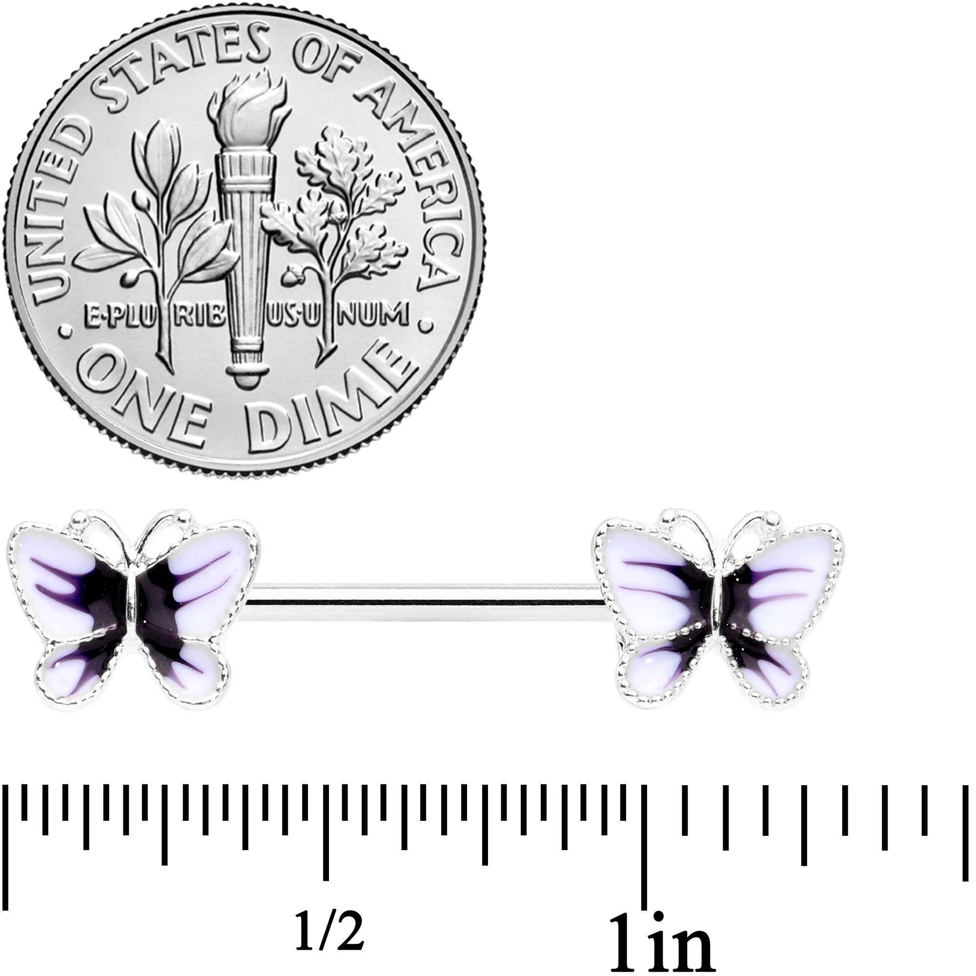 14G 9/16 White Purple Butterfly Barbell Nipple Set