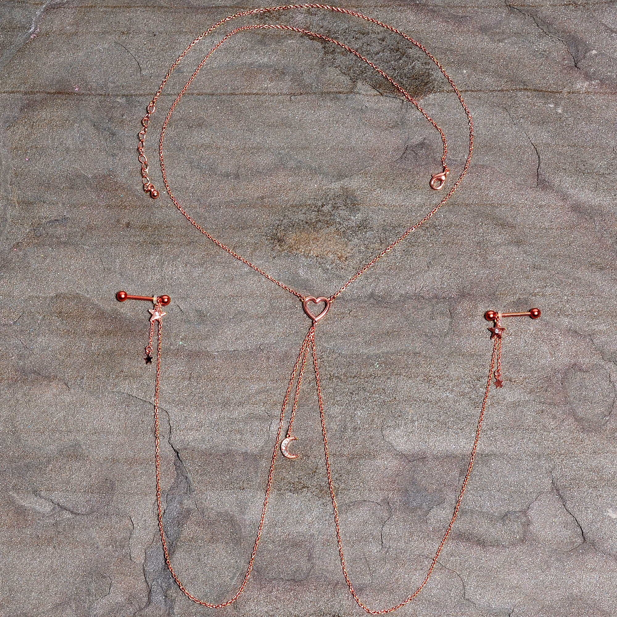 14G 5/8 Clear Gem Rose Gold Hue Star Moon Nipple Chain Necklace