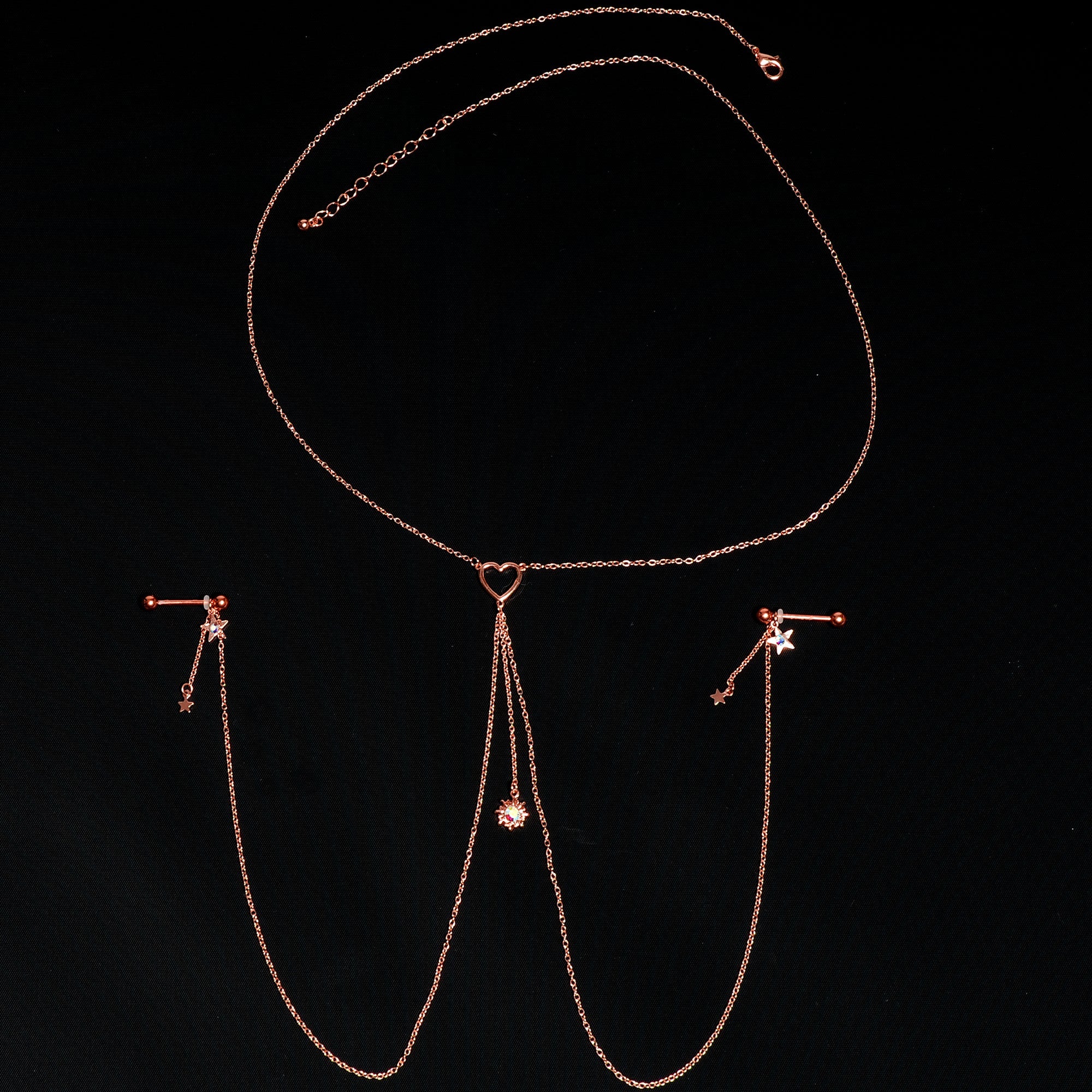 14G 5/8 Aurora Gem Rose Gold Hue Star Sun Nipple Chain Necklace