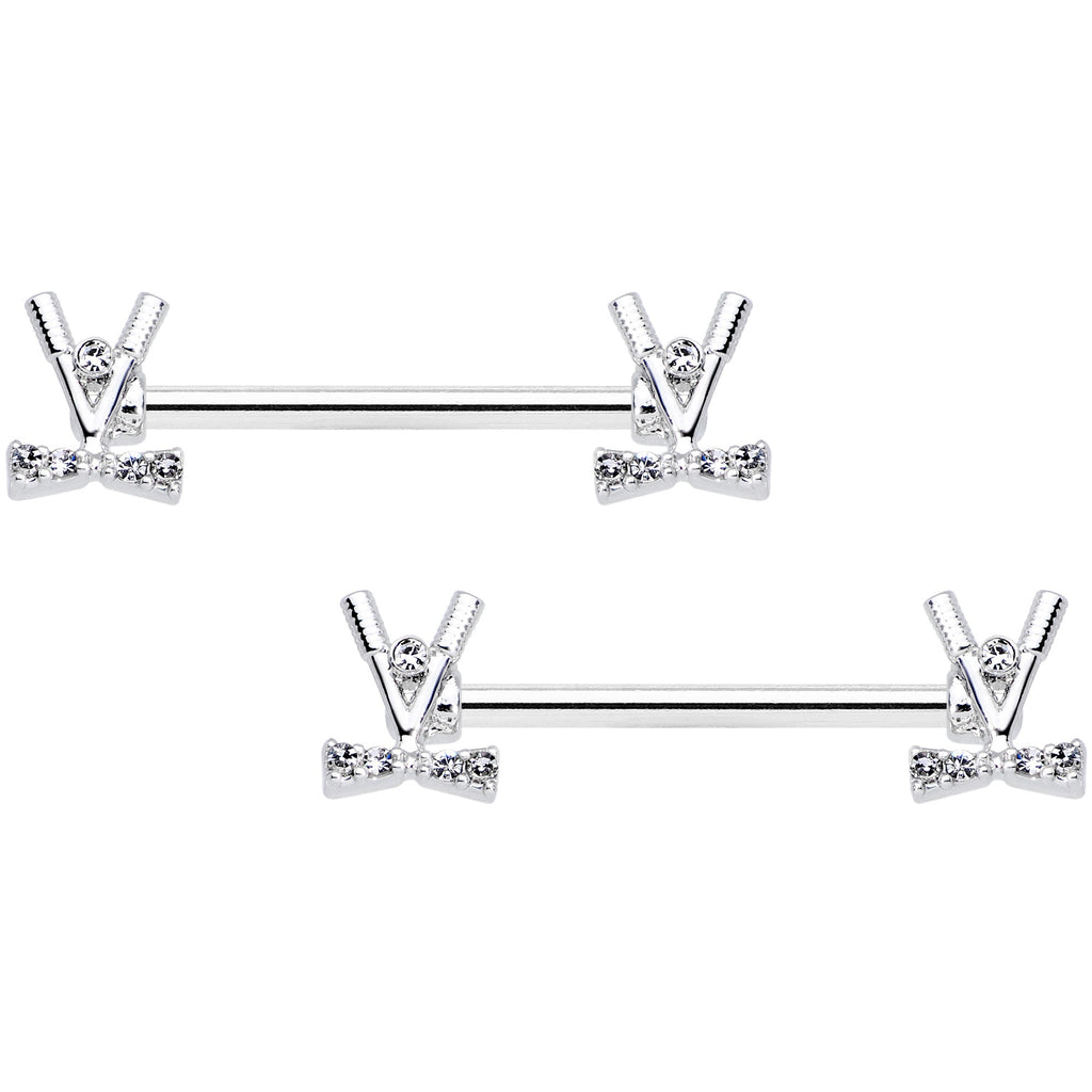 14G 9/16  Clear CZ Gem Crossed Golf Clubs Barbell Nipple Ring Set