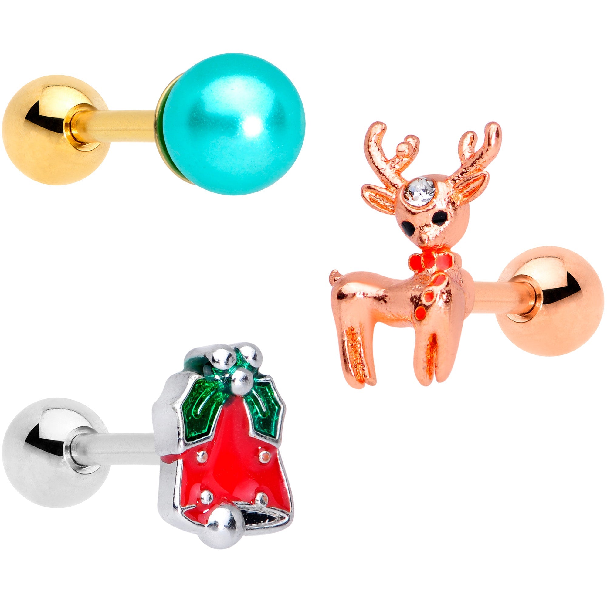16G 1/4 Rose Gold Tone Deco Christmas Cartilage Tragus Set of 3