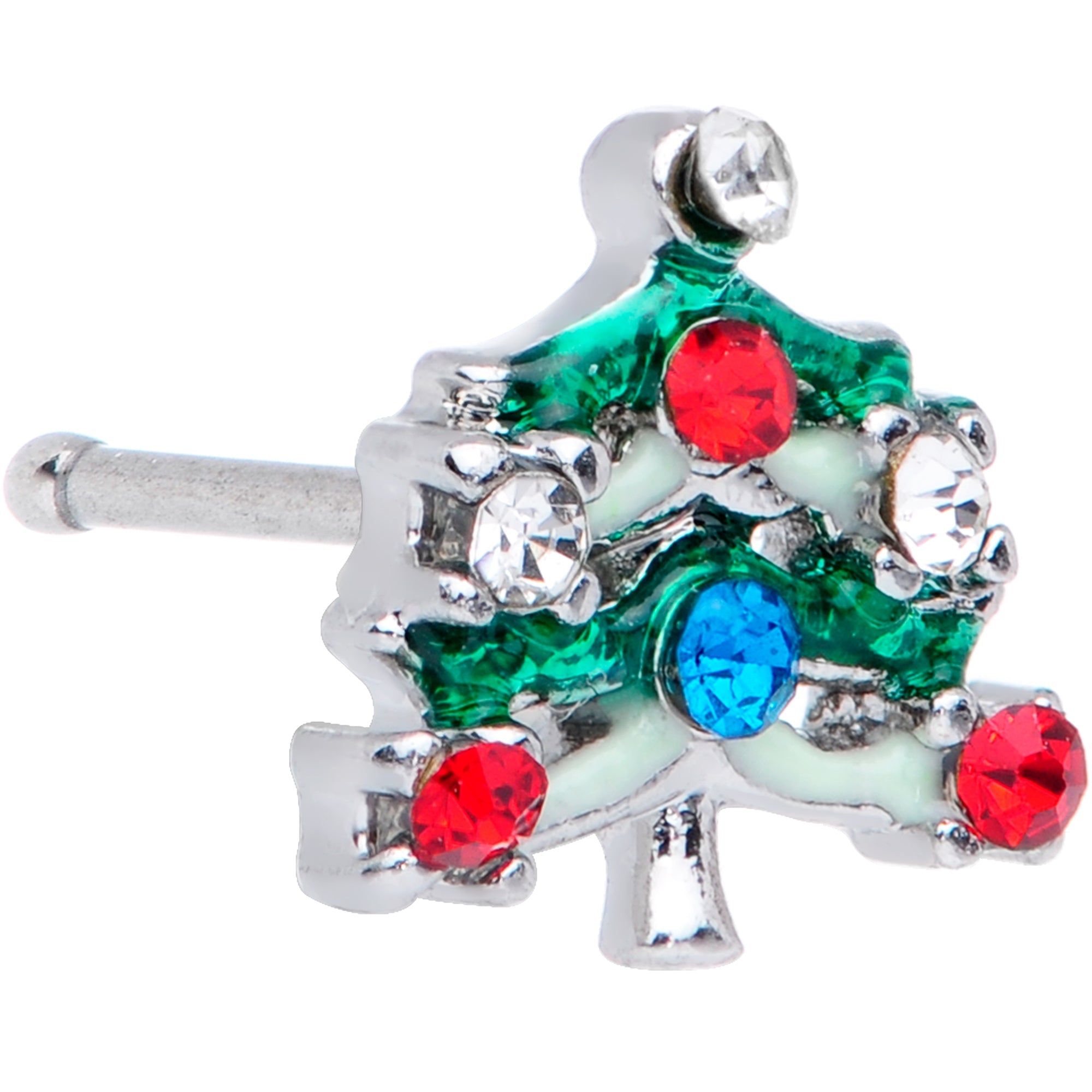20G 1/4 Clear Blue Red Gem Christmas Tree Nose Bone