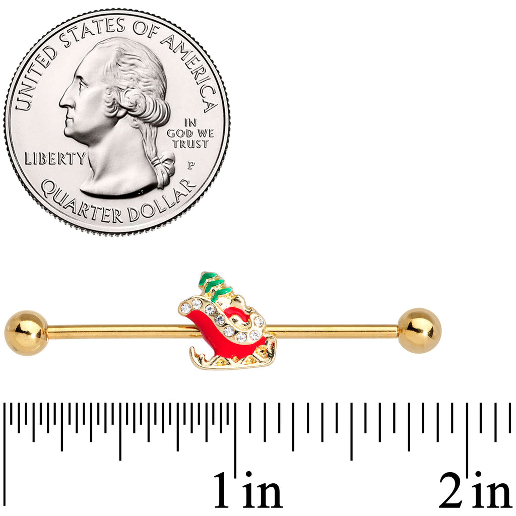 14G Clear Gem Gold Tone Sleigh Christmas Industrial Barbell 38mm