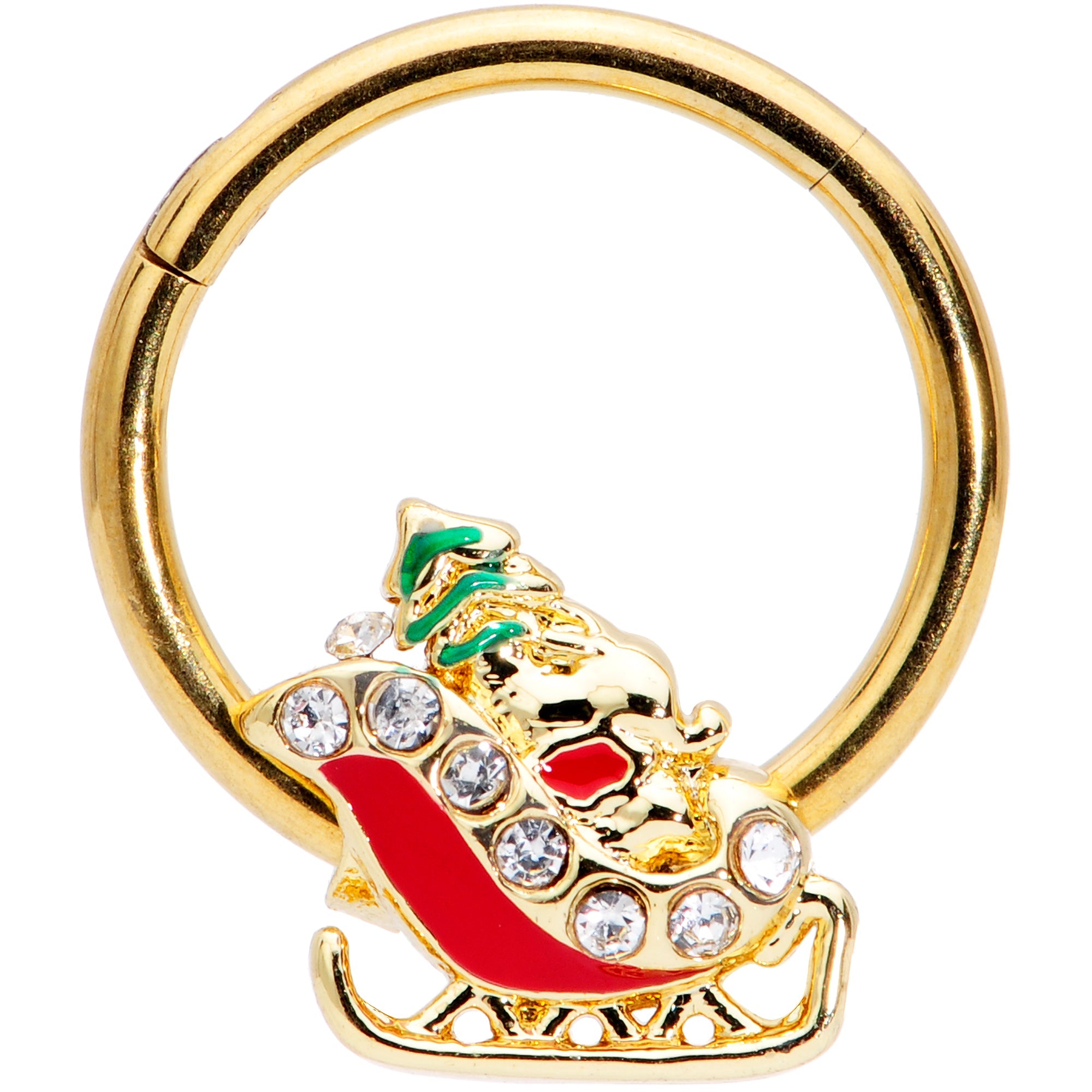 16G 3/8 Clear Gem Gold Tone Santa Sleigh Christmas Septum Clicker