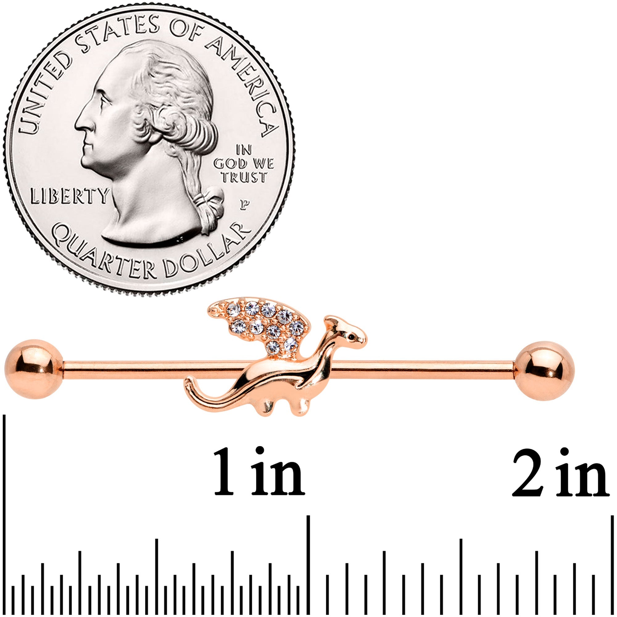 14G Clear Gem Rose Gold Tone Dragon Industrial Barbell 38mm
