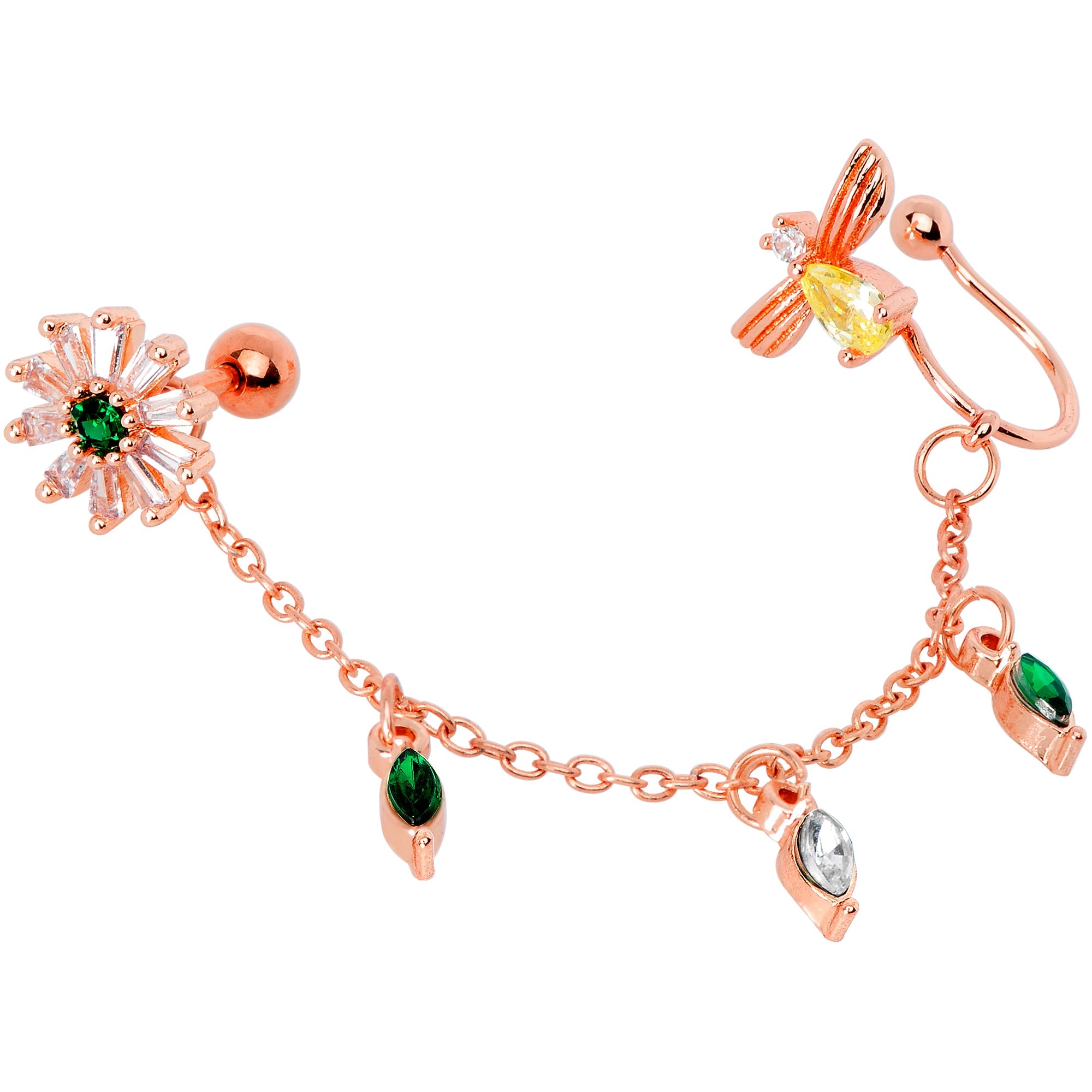 16G 1/4 Green Gem Rose Gold Hue Angel Cuff Chain Right Cartilage
